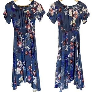Jaase Bohemian Blue Floral Off the Shoulder Dress Assymetrical Hem Flowy Size L